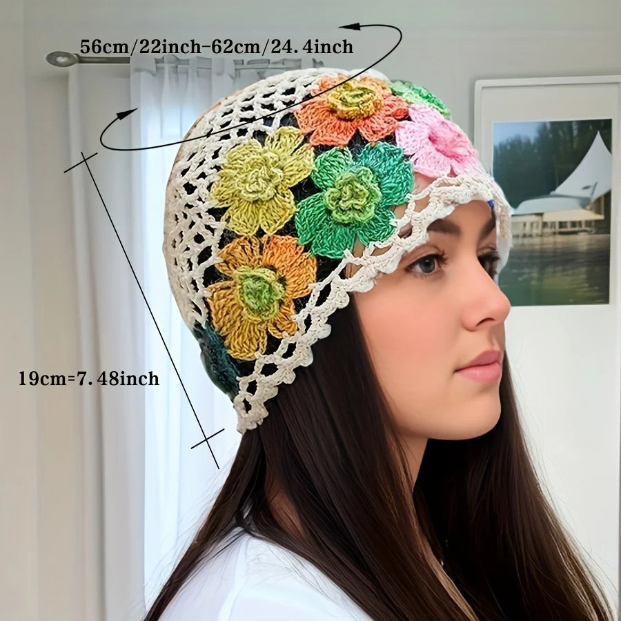 EtherealBe hand-knitted bohemian style beanie with colorful floral design and precise measurements