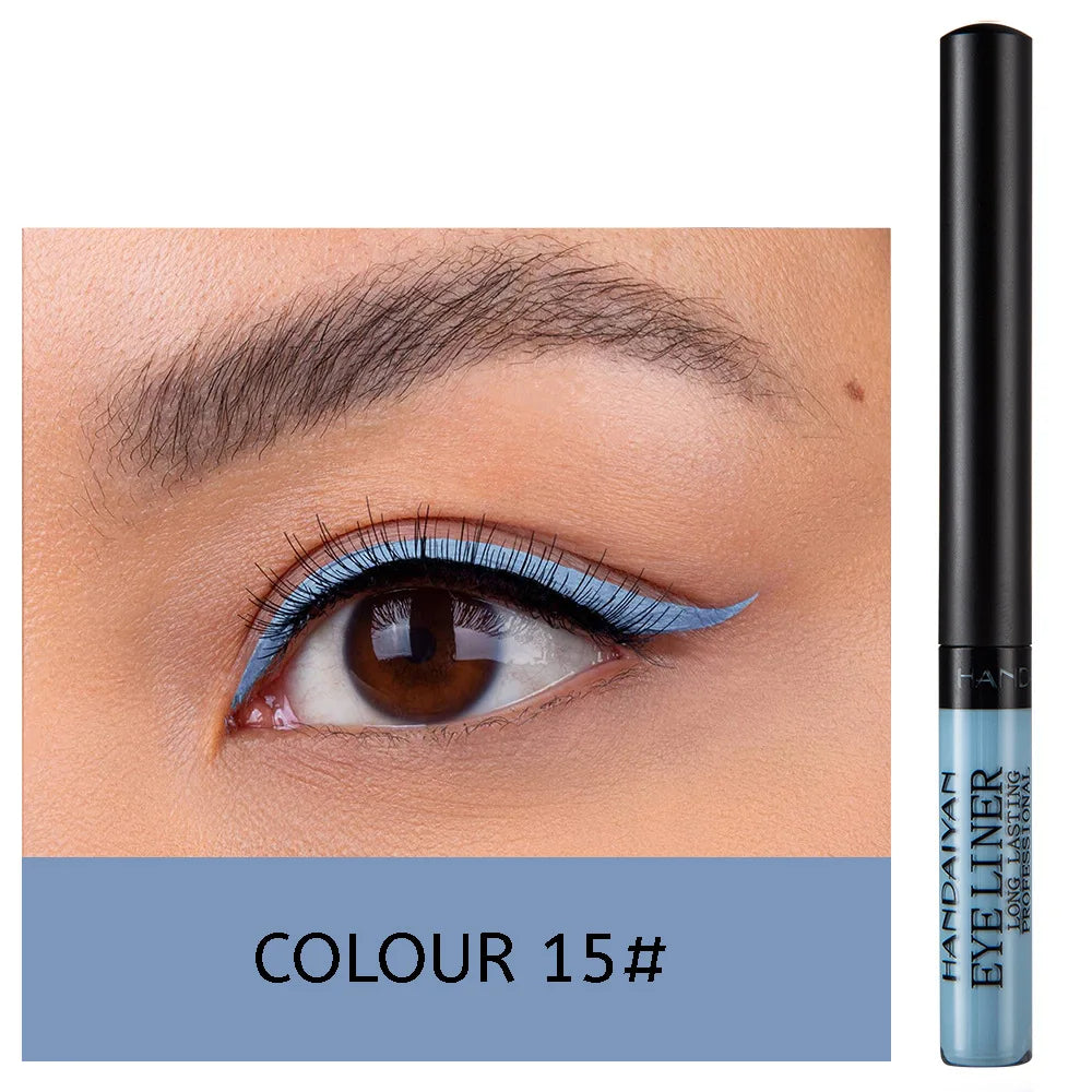 EtherealBe UV light neon eyeliner pen shown in use with a vibrant blue line on eyelid