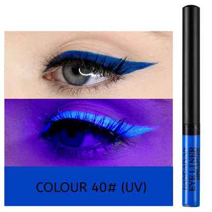 EtherealBe UV light neon eyeliner pen with vibrant blue color applied on eyelids for bold eyes