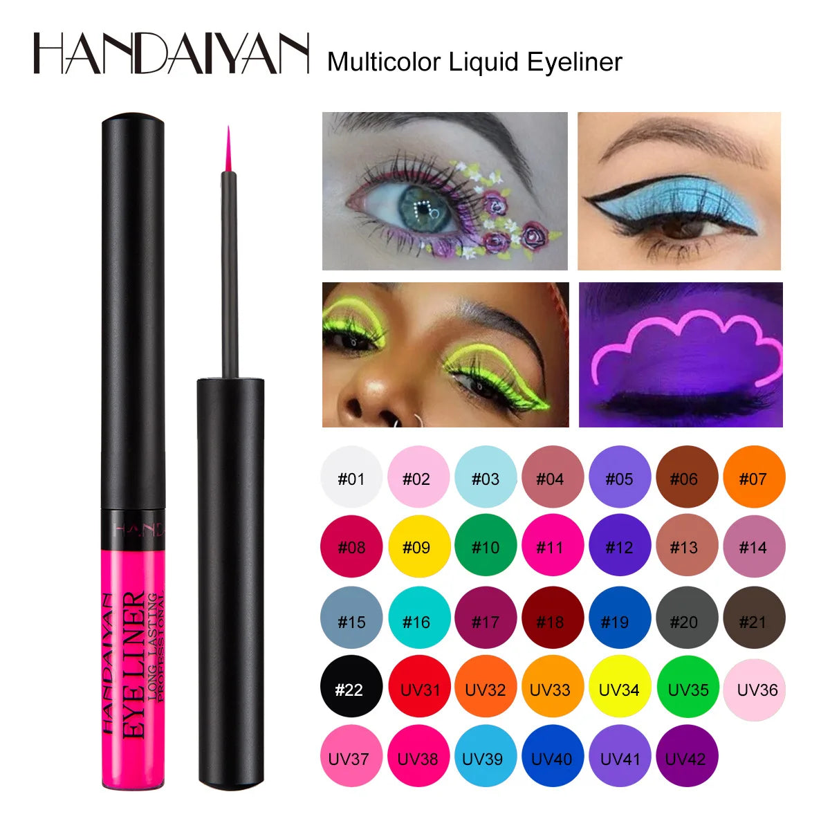 EtherealBe UV light neon eyeliner pen displayed with vibrant colors and creative eye makeup looks