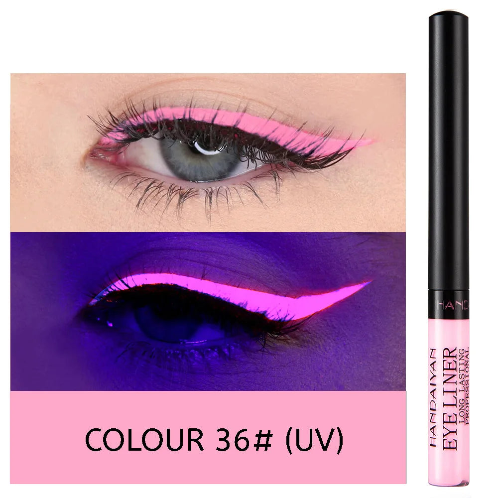 UV light neon eyeliner pen in vibrant pink, showcasing bold, eye-catching lines for dramatic makeup looks