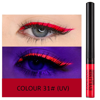 UV light neon eyeliner pen in color 31# applied on eyes for a vibrant and bold look