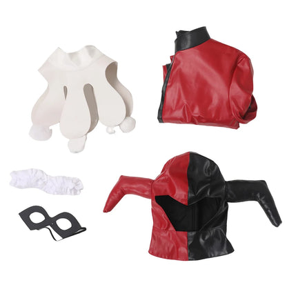 Harley Quinn cosplay costume for women including red and black jacket, white top, and accessories