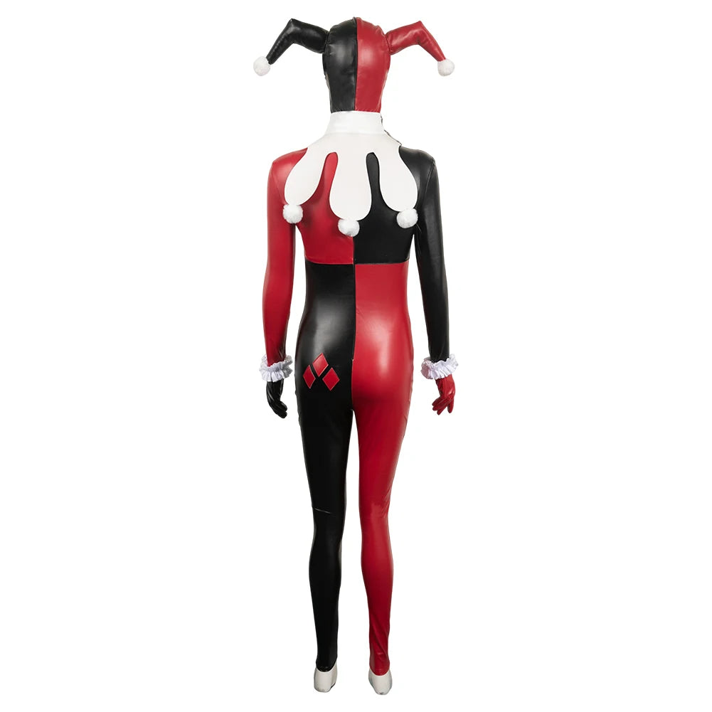 EtherealBe Harley Quinn cosplay costume for women featuring a black and red design with playful jester accents