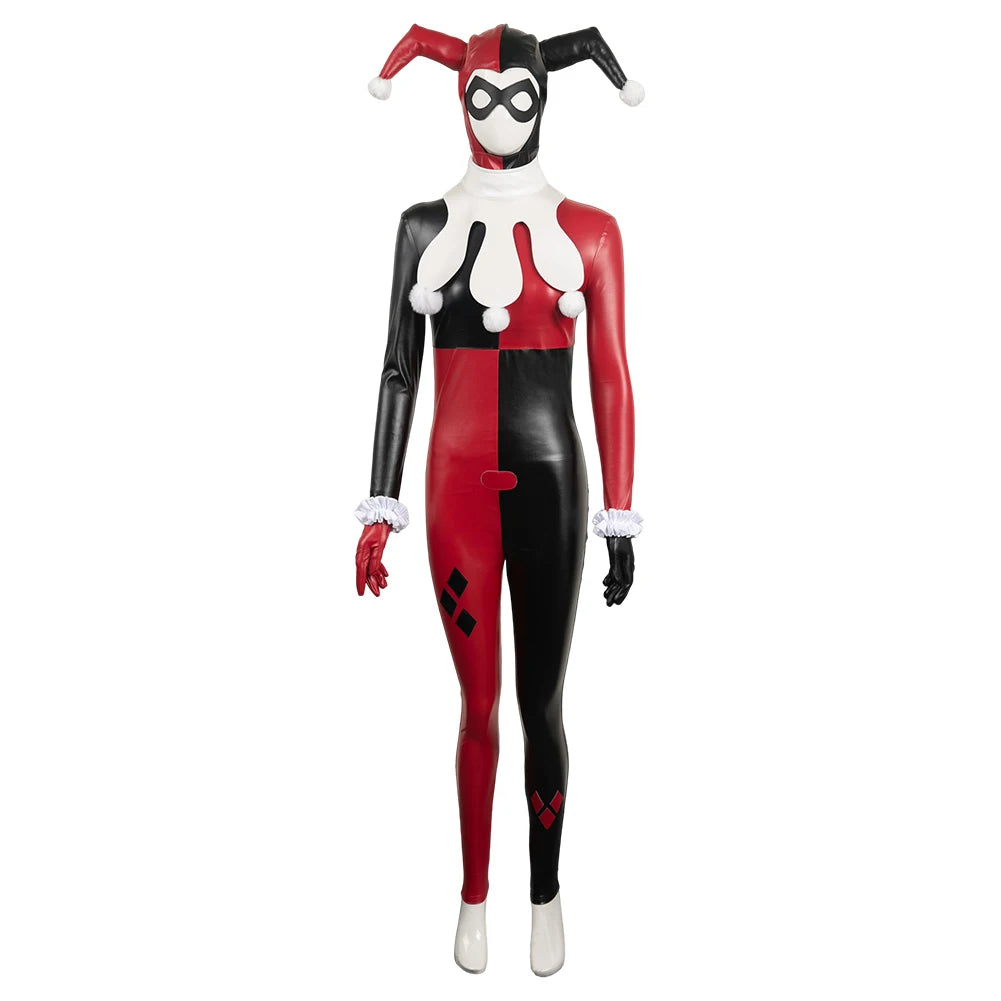 Harley Quinn cosplay costume for women featuring a colorful bodysuit and iconic jester hat