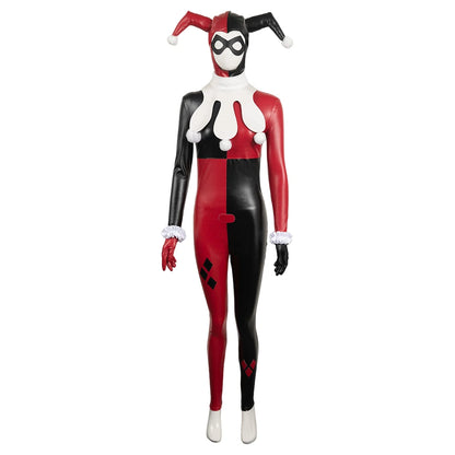 Harley Quinn cosplay costume for women featuring a colorful bodysuit and iconic jester hat