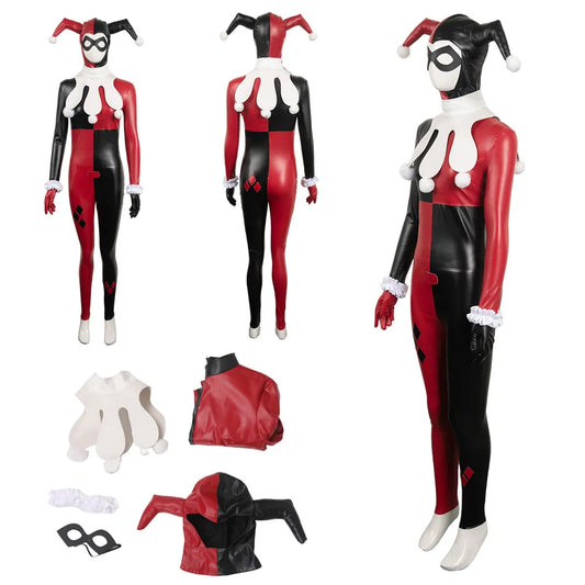 Harley Quinn cosplay costume for women in red and black with accessories and detailed design