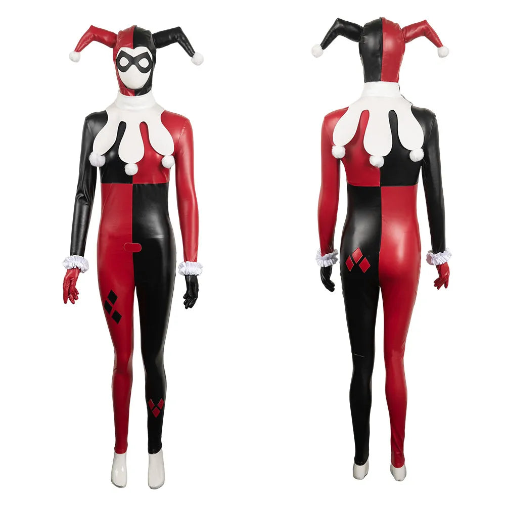 Harley Quinn cosplay costume for women in red and black design with iconic jester hat and accessories