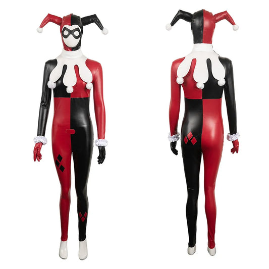 Harley Quinn cosplay costume for women in red and black design with iconic jester hat and accessories