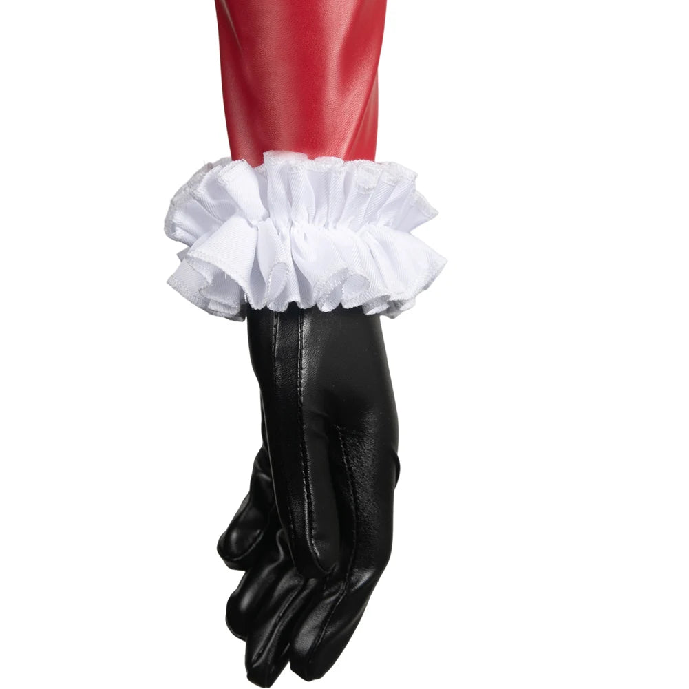 Close-up of a Harley Quinn cosplay costume for women featuring red and black gloves with ruffled cuffs