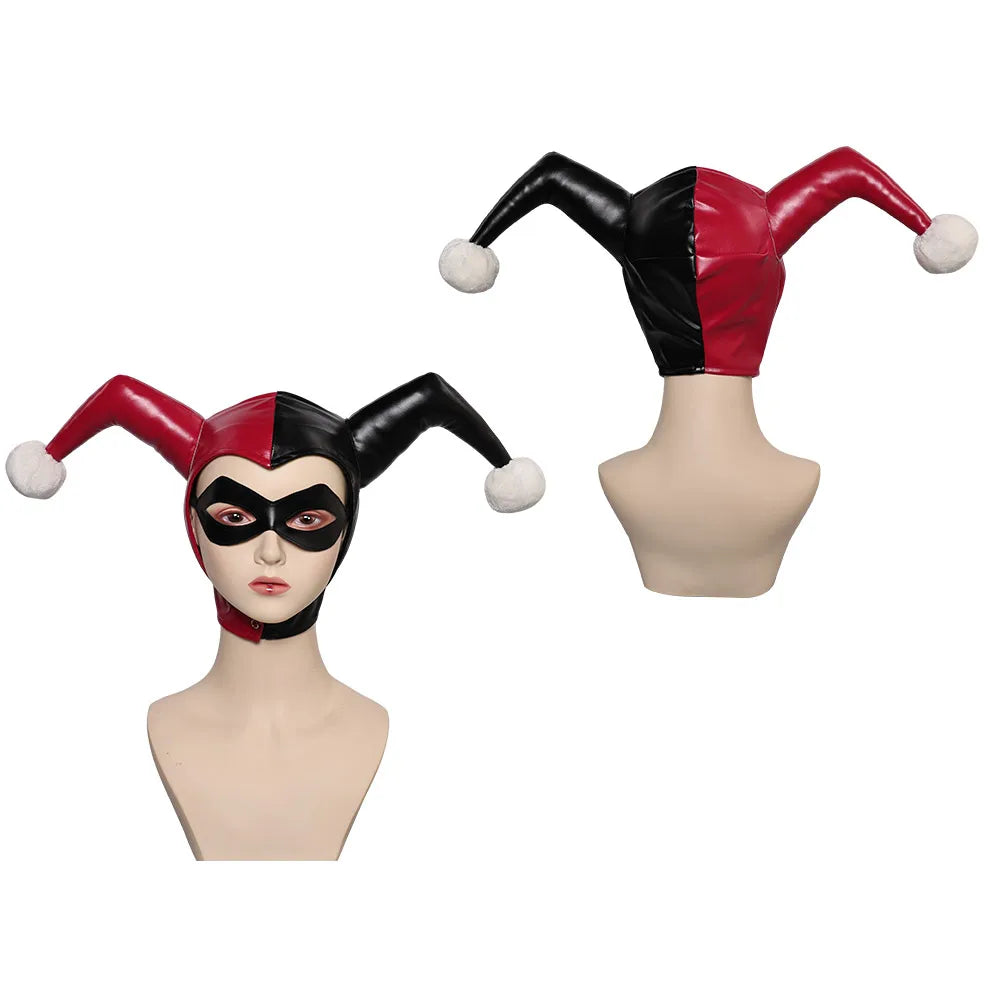 Harley Quinn cosplay costume for women featuring a fun hat with jester points and pom-poms in red and black