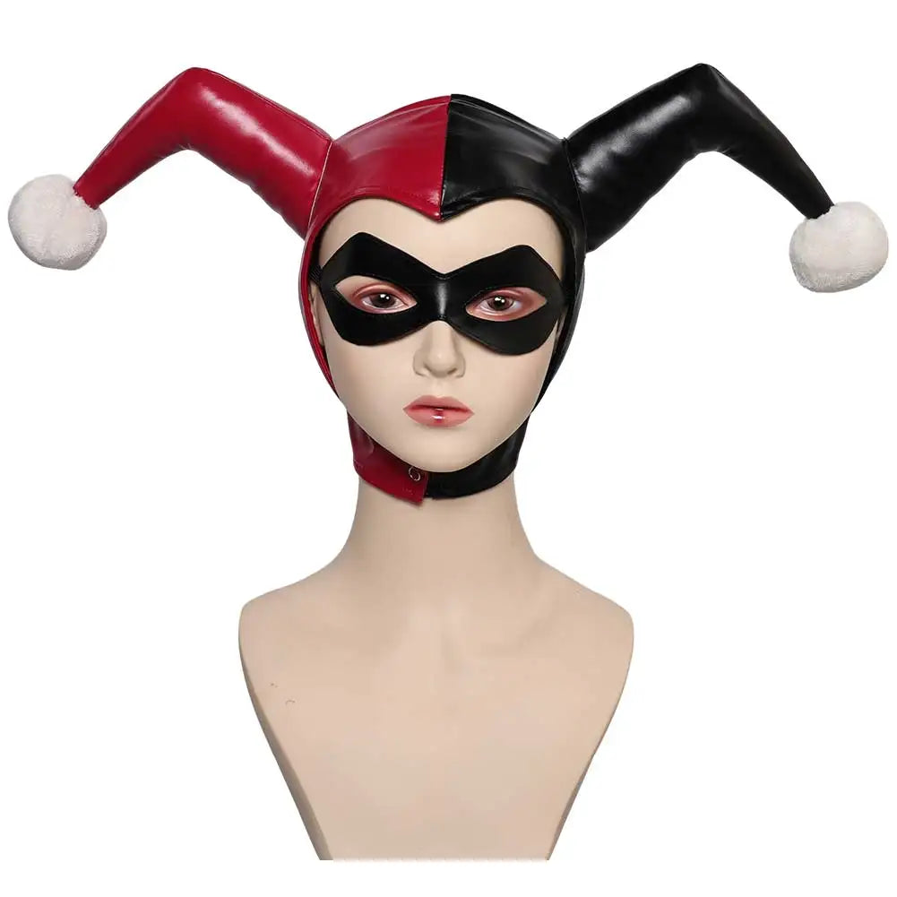 EtherealBe Harley Quinn cosplay costume for women featuring a playful jester hat and dramatic mask
