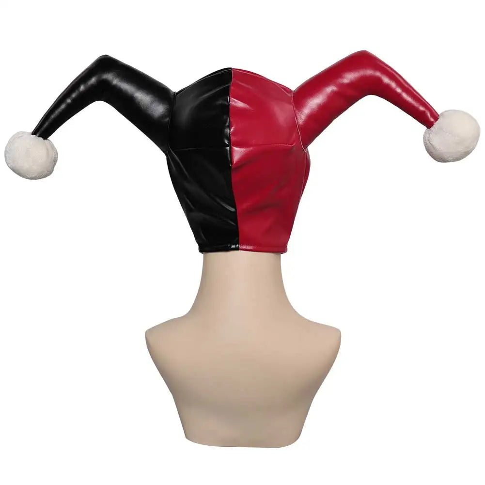 Harley Quinn cosplay costume for women featuring a jester hat with black and red colors