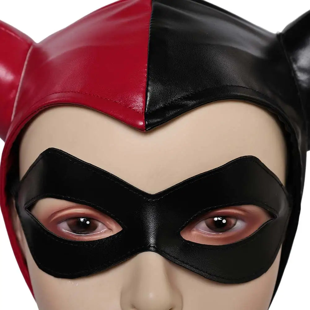 Close-up of Harley Quinn cosplay costume for women featuring red and black mask with playful design