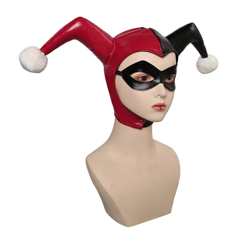 EtherealBe Harley Quinn cosplay costume for women featuring a colorful jester hat with pom poms and black mask