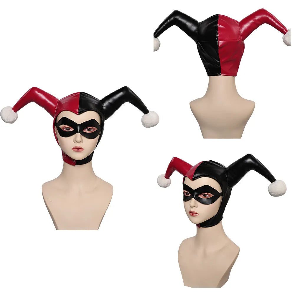 Harley Quinn cosplay costume for women featuring a vibrant jester hat with playful accents