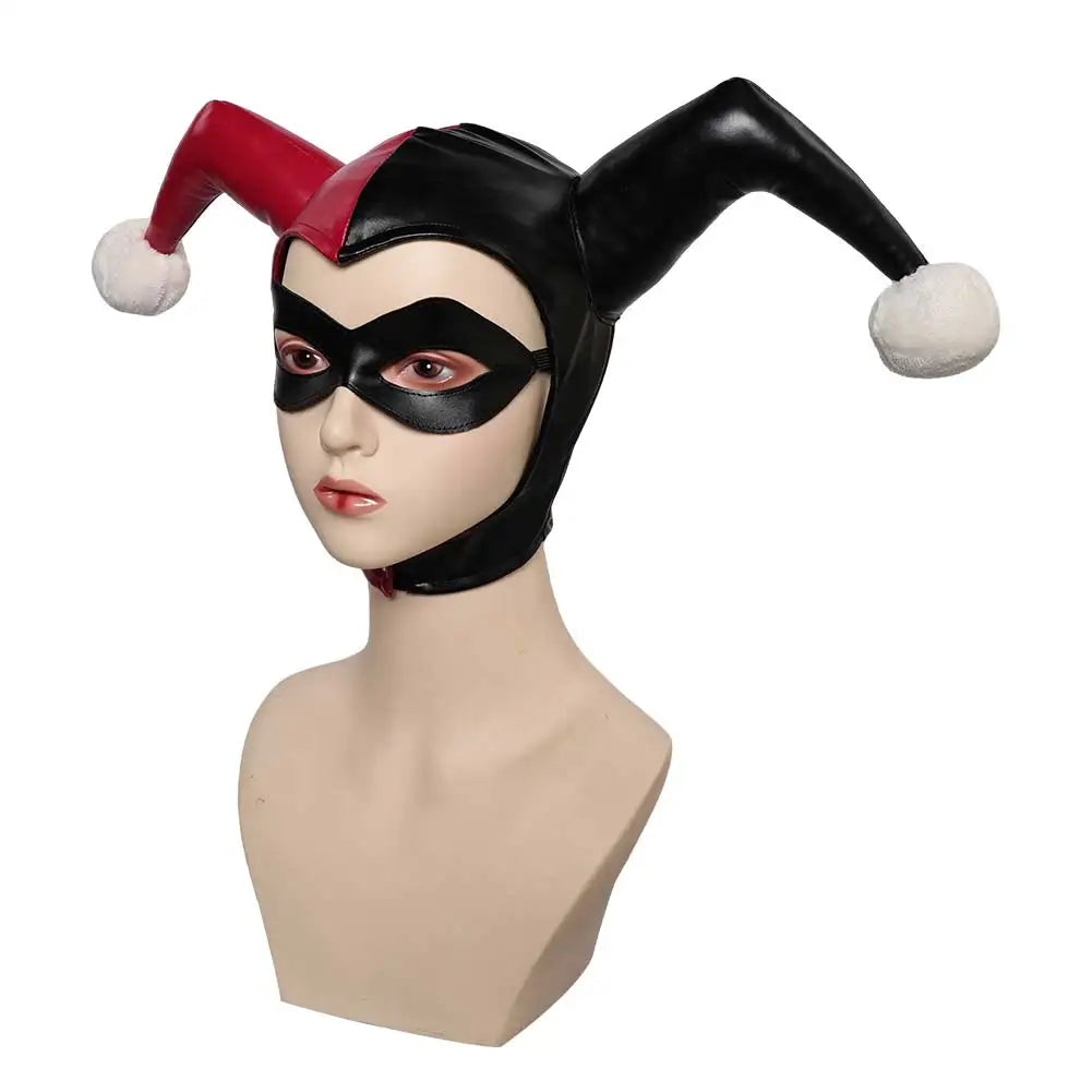 Harley Quinn cosplay costume for women featuring a black and red harlequin hat with playful pom-poms