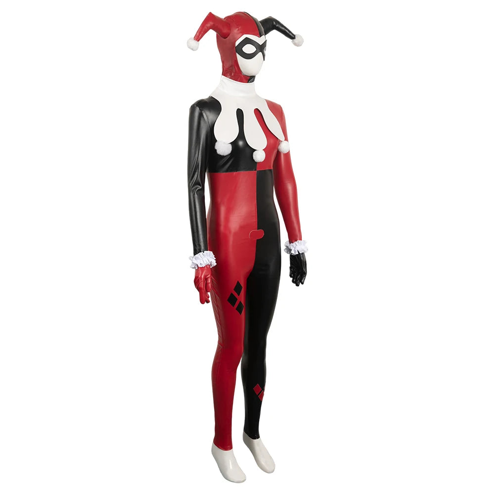 Harley Quinn cosplay costume for women featuring red and black design with iconic jester hat