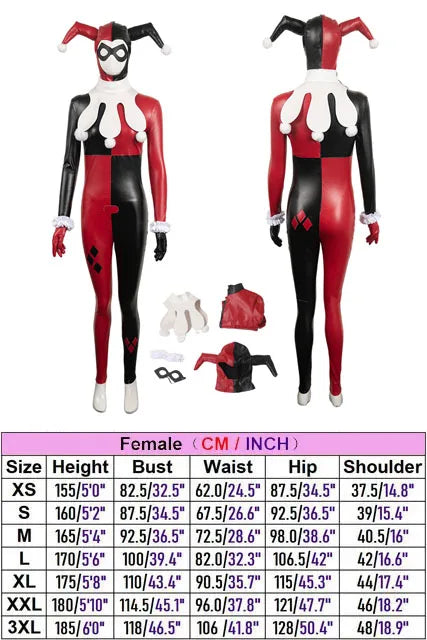 EtherealBe Harley Quinn cosplay costume for women featuring red and black design with iconic jester hat