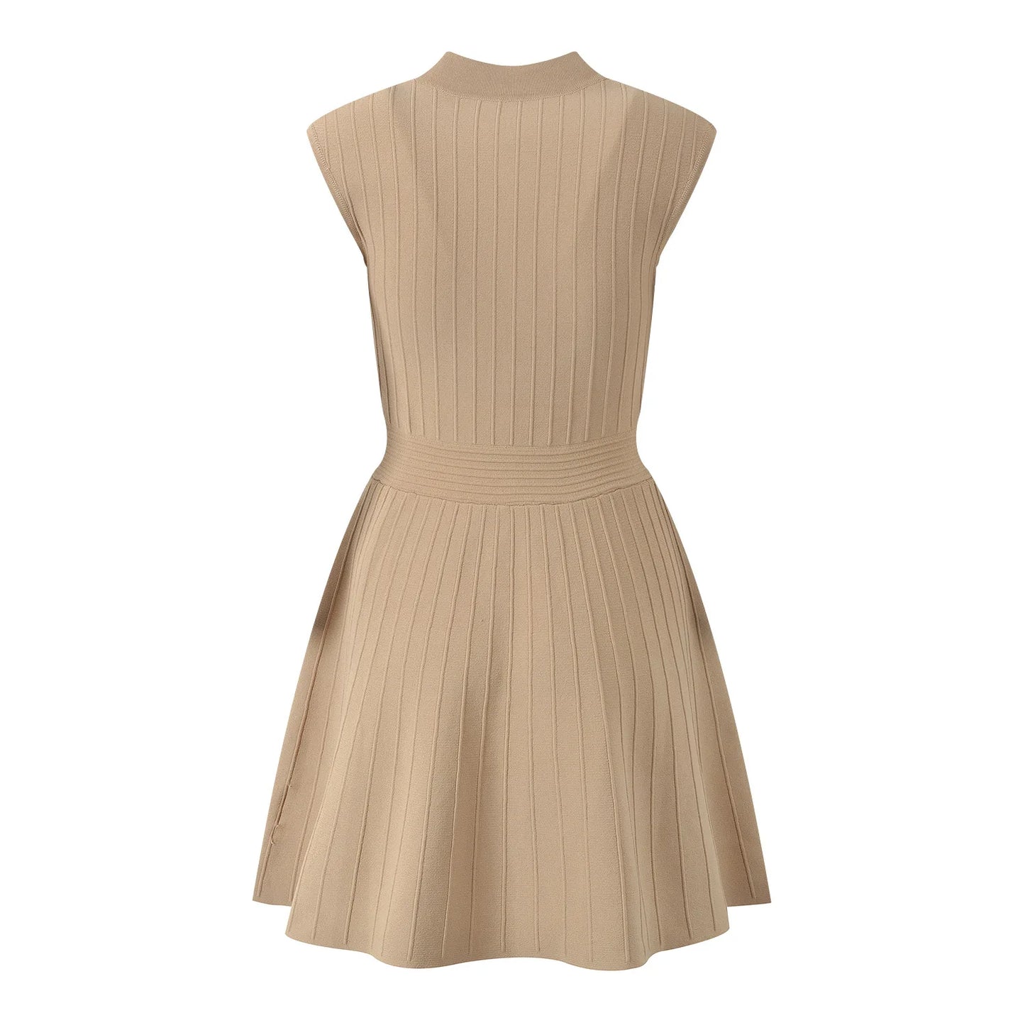 Back view of a beige V-neck sleeveless fall dress for women with a pleated design