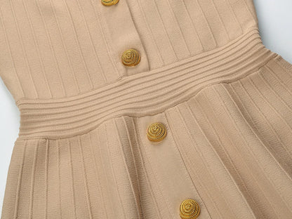 EtherealBe V-neck sleeveless fall dress for women in beige with button details and textured fabric