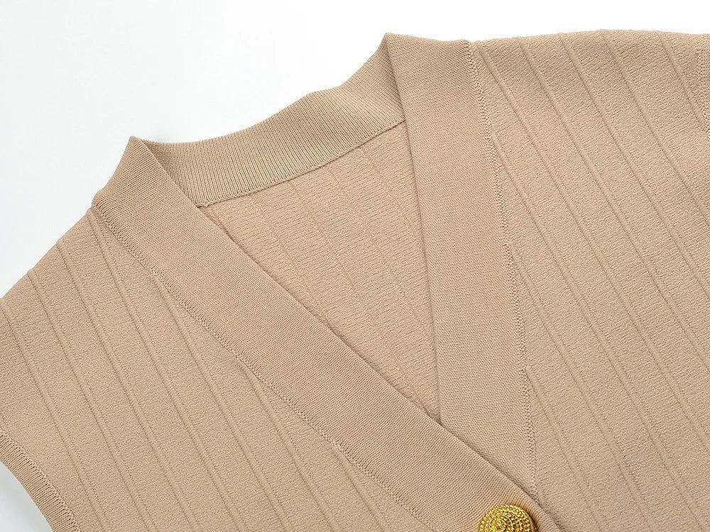 EtherealBe V-neck sleeveless fall dress for women in beige ribbed fabric with a stylish button detail