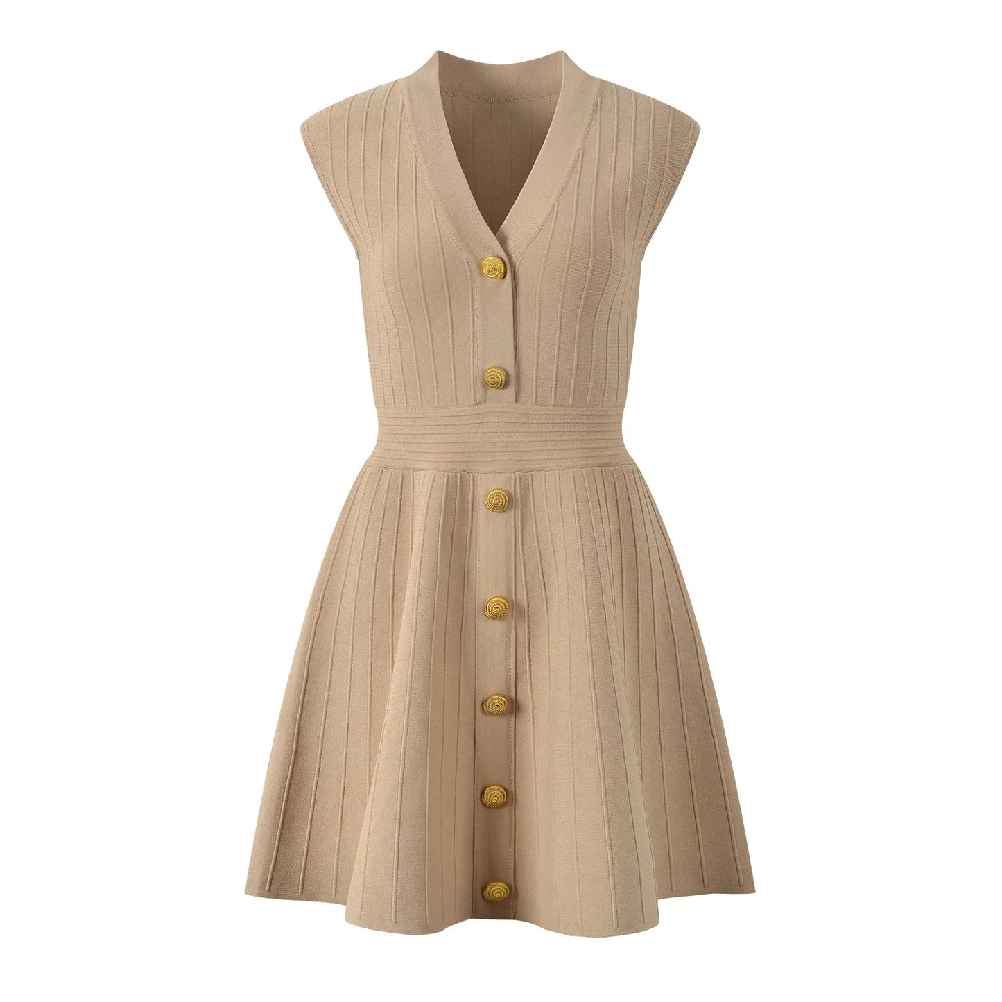 EtherealBe V-neck sleeveless fall dress for women in beige with button details and a flattering fit.