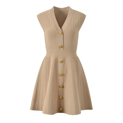 EtherealBe V-neck sleeveless fall dress for women in beige with button details and a flattering fit.