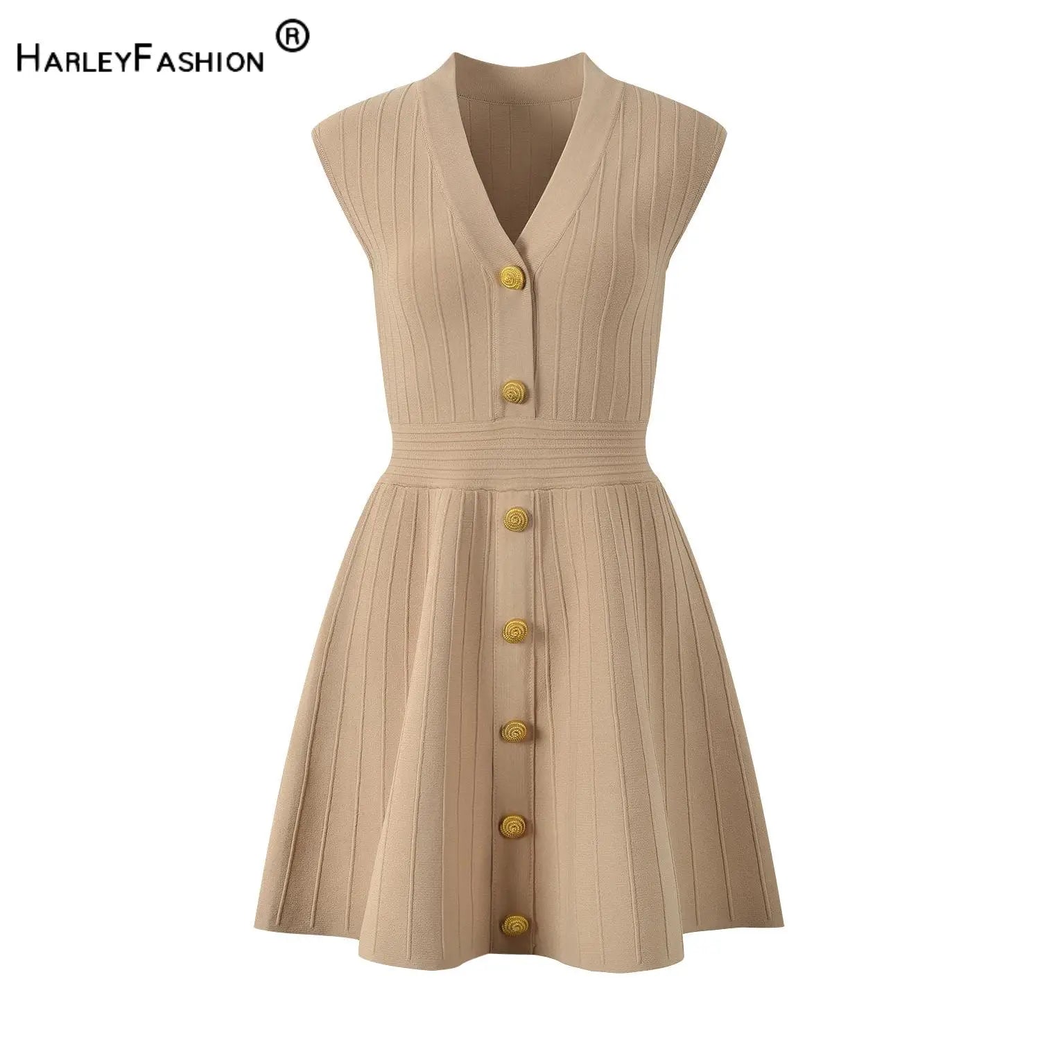 EtherealBe V-neck sleeveless fall dress for women in beige with button details and ribbed texture