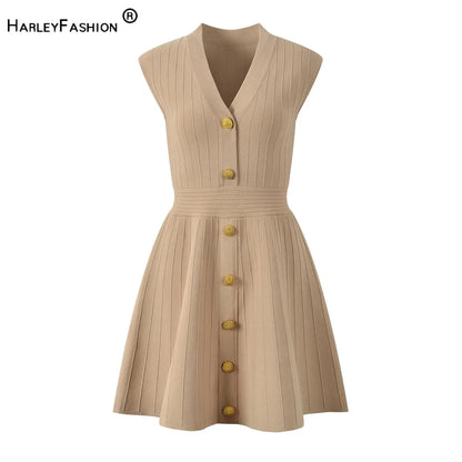 EtherealBe V-neck sleeveless fall dress for women in beige with button details and ribbed texture