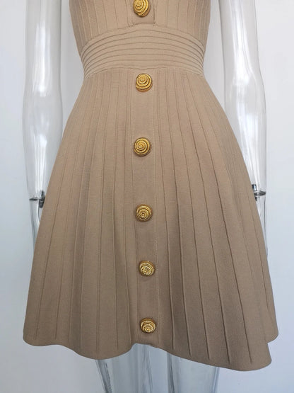 EtherealBe V-neck sleeveless fall dress for women in tan with decorative buttons and pleated design