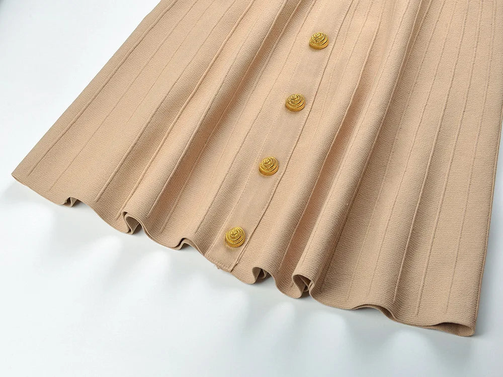 EtherealBe V-neck sleeveless fall dress for women with a pleated design and decorative buttons