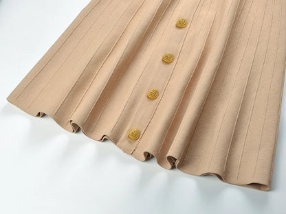 EtherealBe V-neck sleeveless fall dress for women with a pleated design and decorative buttons