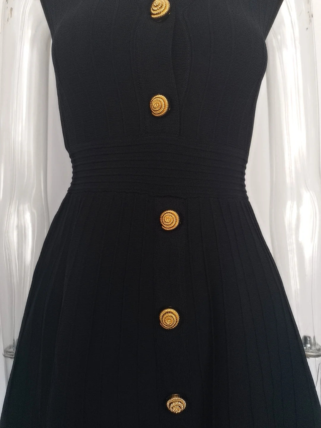 EtherealBe V-neck sleeveless fall dress for women featuring elegant gold buttons and a fitted waist