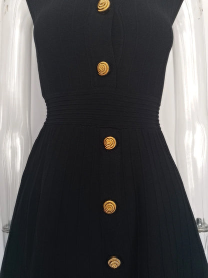 EtherealBe V-neck sleeveless fall dress for women featuring elegant gold buttons and a fitted waist