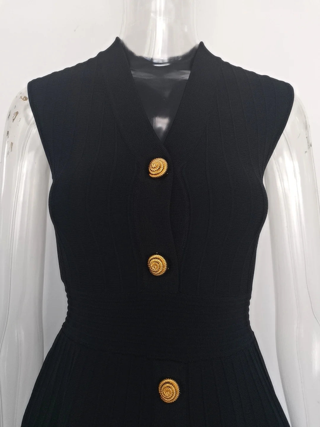 EtherealBe V-neck sleeveless fall dress for women in black with decorative gold buttons