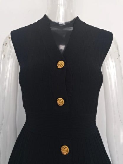 EtherealBe V-neck sleeveless fall dress for women in black with decorative gold buttons