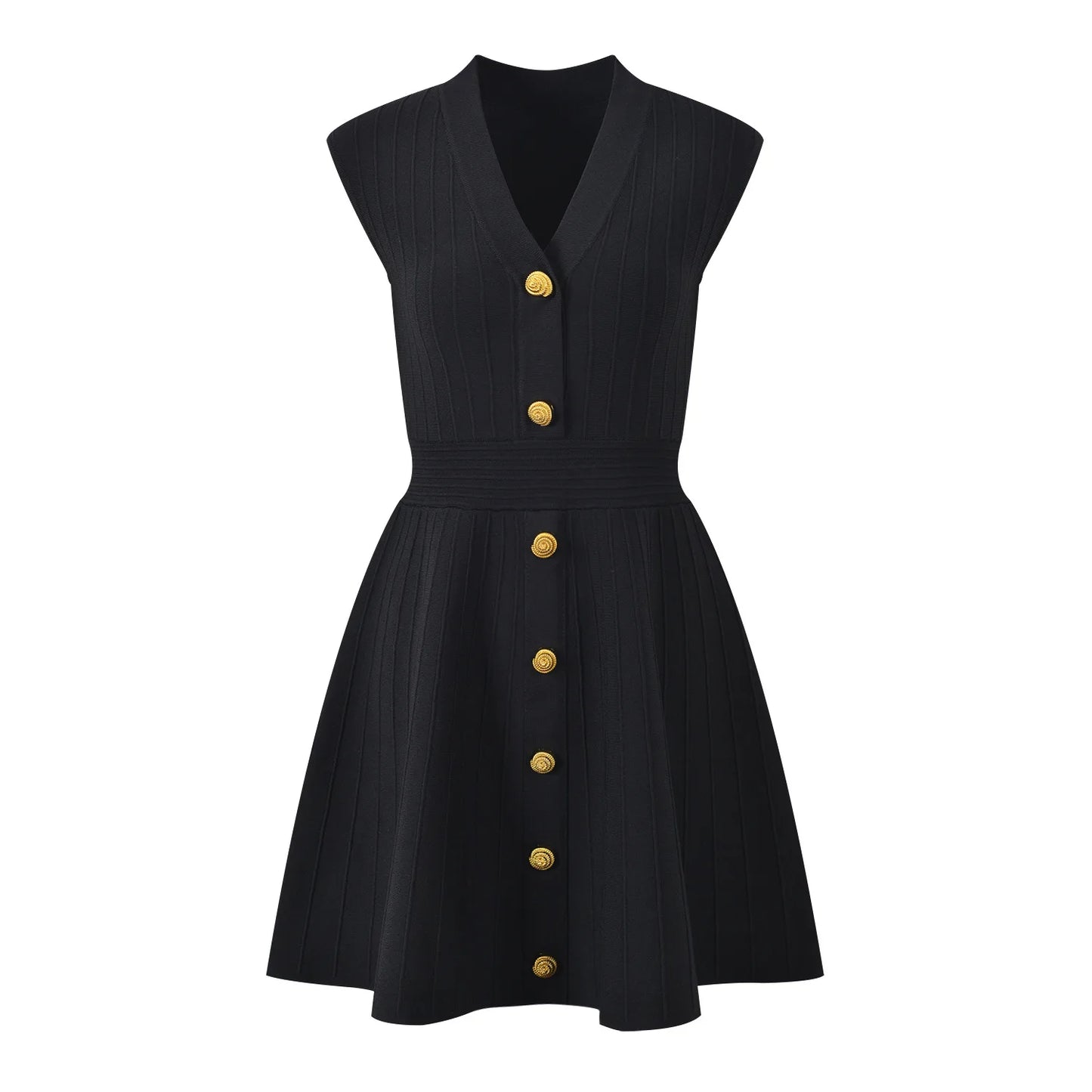 Black V-neck sleeveless fall dress for women with button detailing and flared skirt