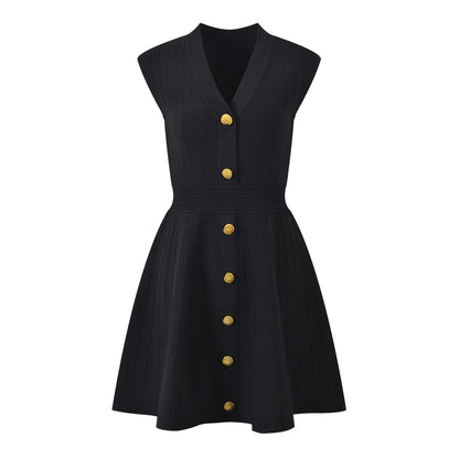 Black V-neck sleeveless fall dress for women with button detailing and flared skirt