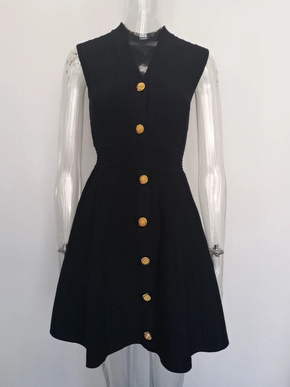 EtherealBe V-neck sleeveless fall dress for women with a fitted waist and gold buttons