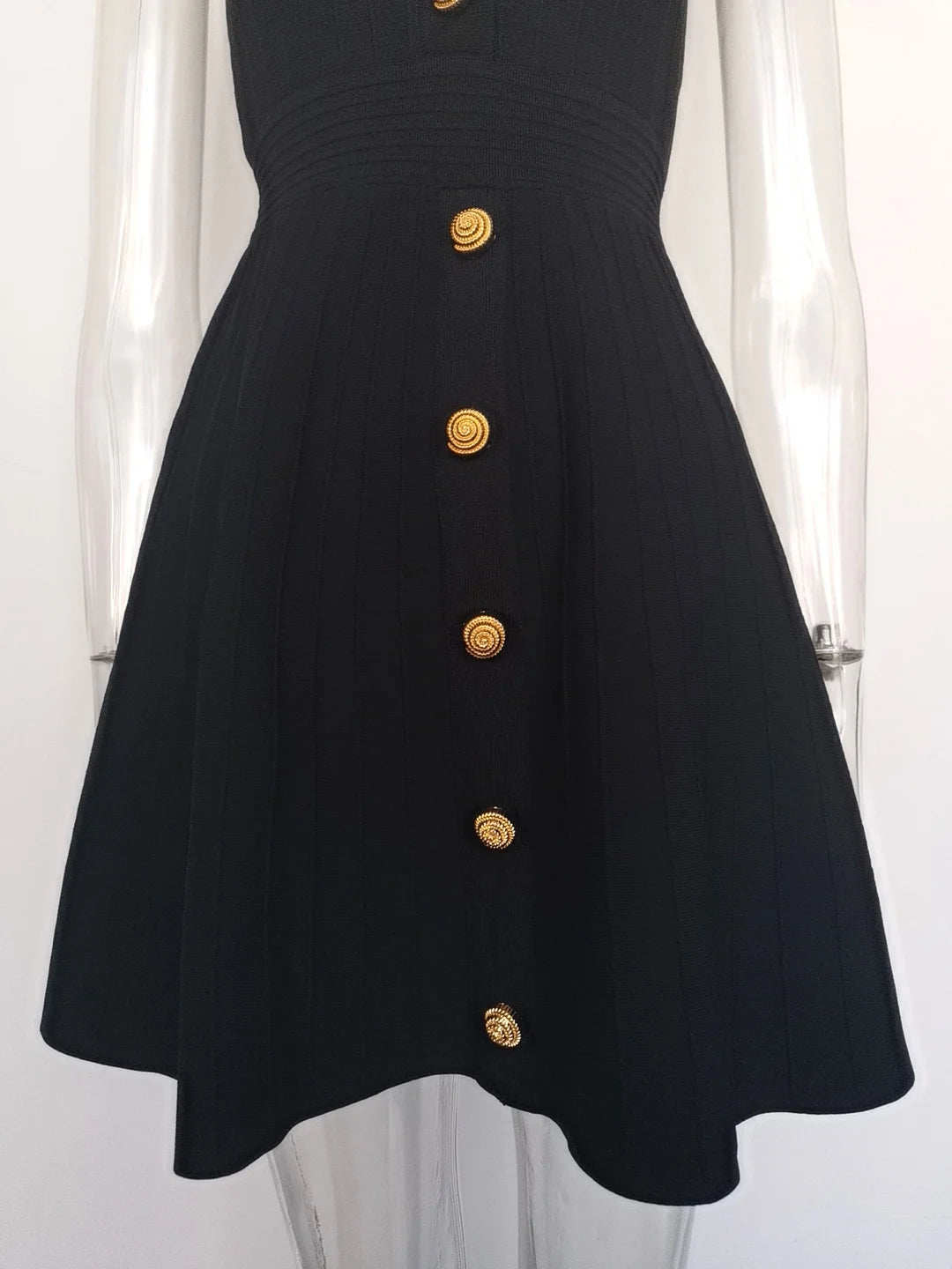 Elegant V-neck sleeveless fall dress for women with stylish gold buttons along the front