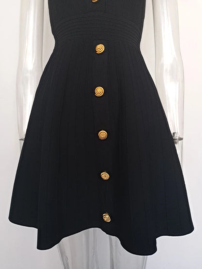Elegant V-neck sleeveless fall dress for women with stylish gold buttons along the front