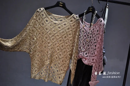 EtherealBe fall sequin dresses for women shown as gold and blush open knit sequin tops on hangers