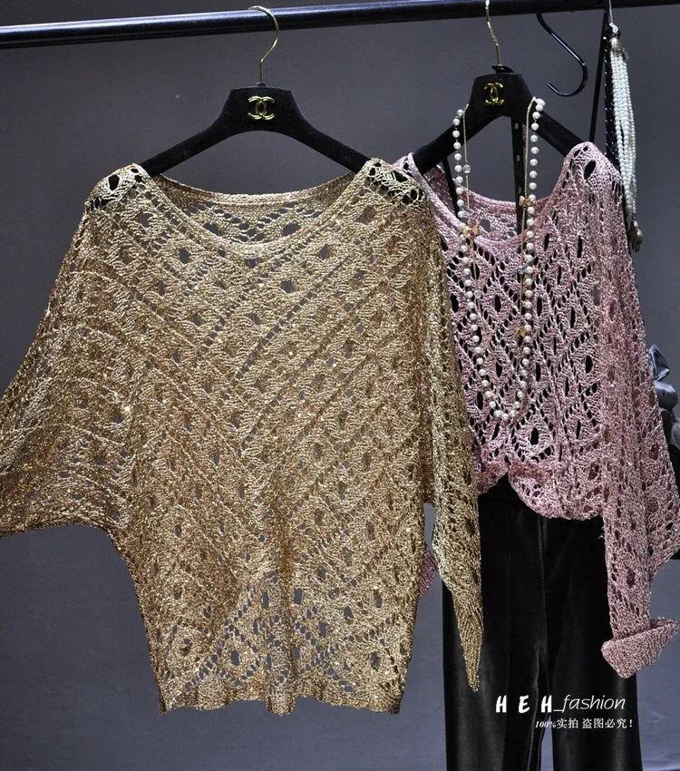 EtherealBe metallic crochet tops in gold and rose on hangers showcasing fall sequin dresses for women style