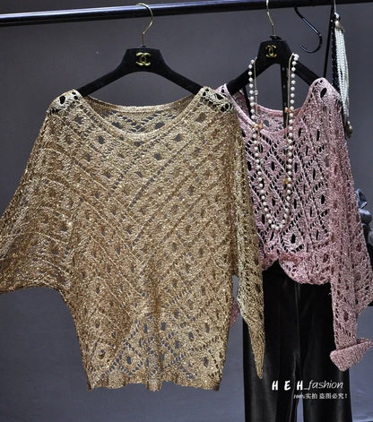 EtherealBe metallic crochet tops in gold and rose on hangers showcasing fall sequin dresses for women style
