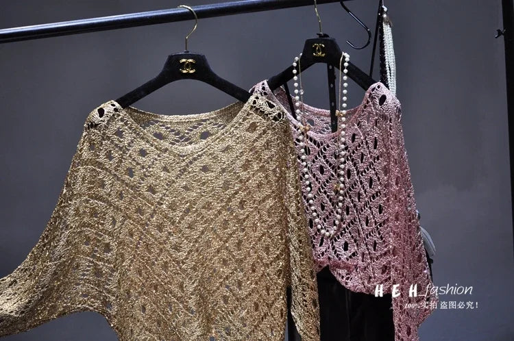 EtherealBe gold and rose sequin crochet tops on hangers styled as fall sequin dresses for women