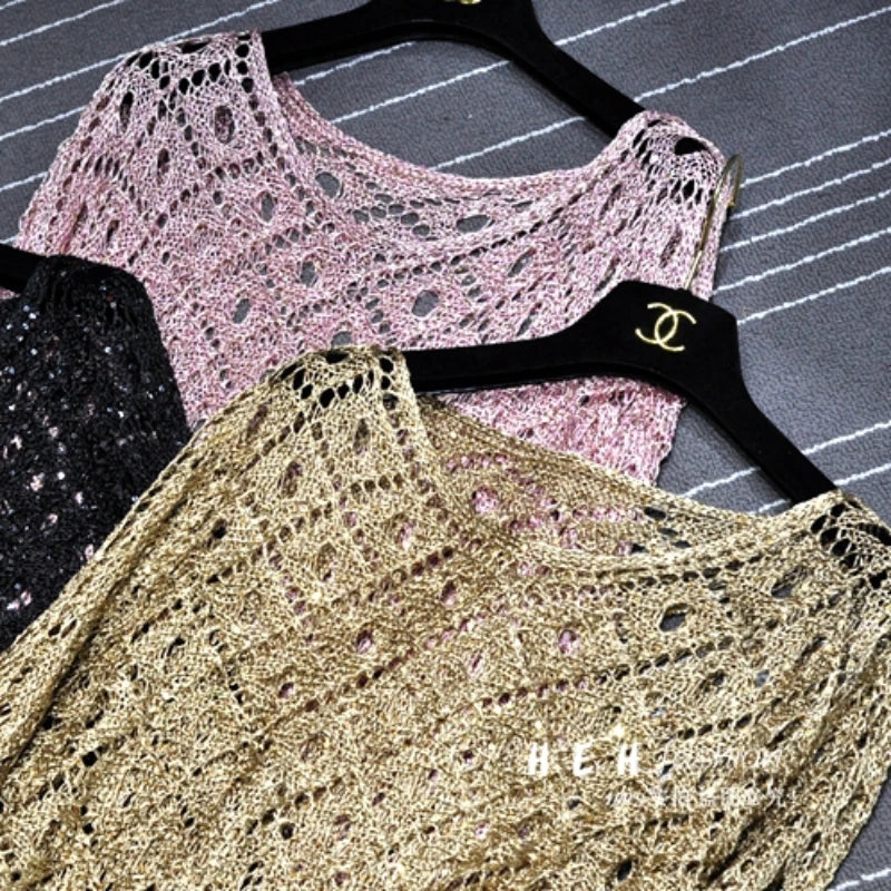 EtherealBe knit sequin dress trio in gold pink and black on hangers fall sequin dresses for women