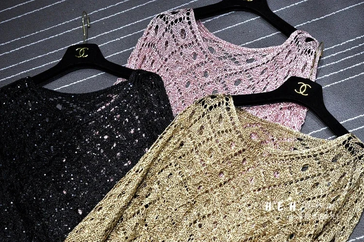 EtherealBe open knit metallic dresses in black pink and gold on hangers fall sequin dresses for women