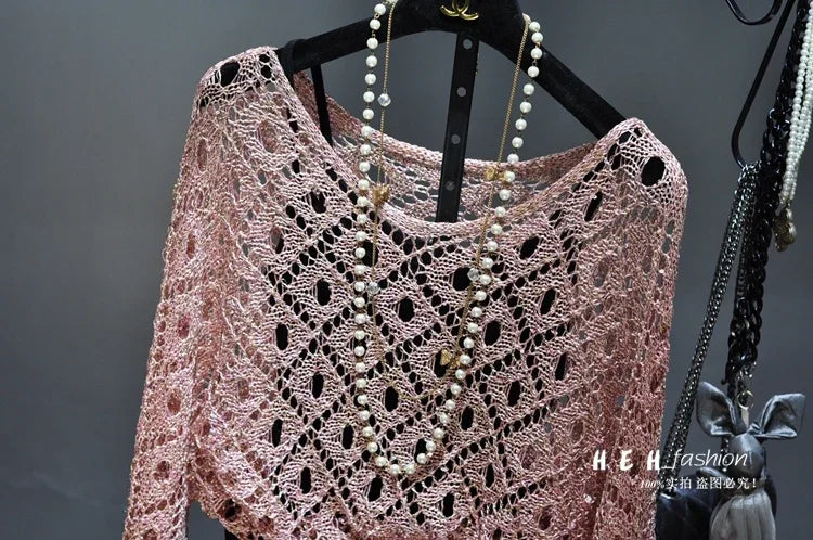 EtherealBe pink crochet knit dress with layered pearl necklace on hanger fall sequin dresses for women