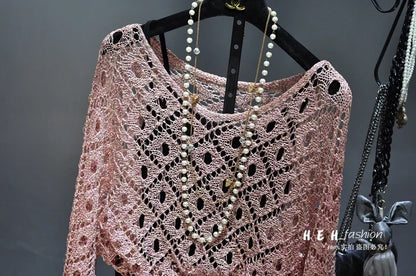 EtherealBe pink crochet knit dress with layered pearl necklace on hanger fall sequin dresses for women